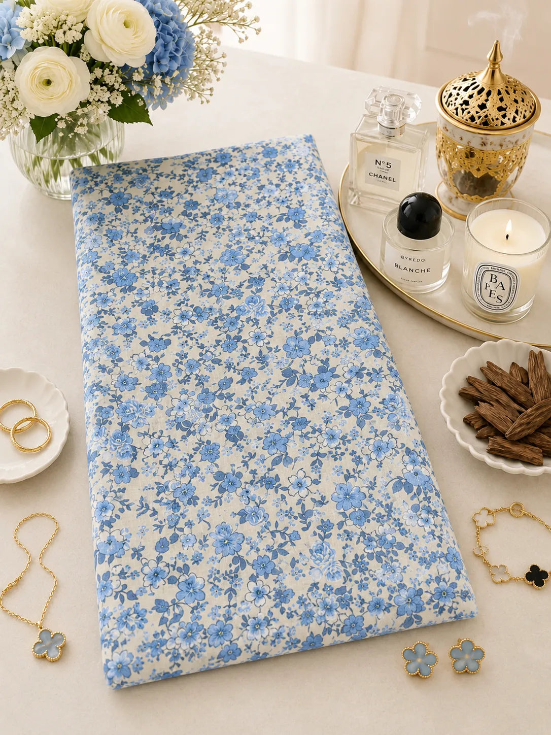 Blue Blossom Grace – Luxury Printed Cotton Poplin