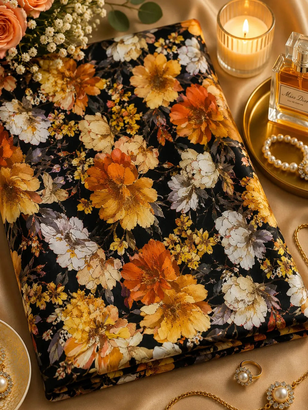 MIDNIGHT BLOOMS, GOLDEN ELEGANCE — AL HOSN SWISS COTTON