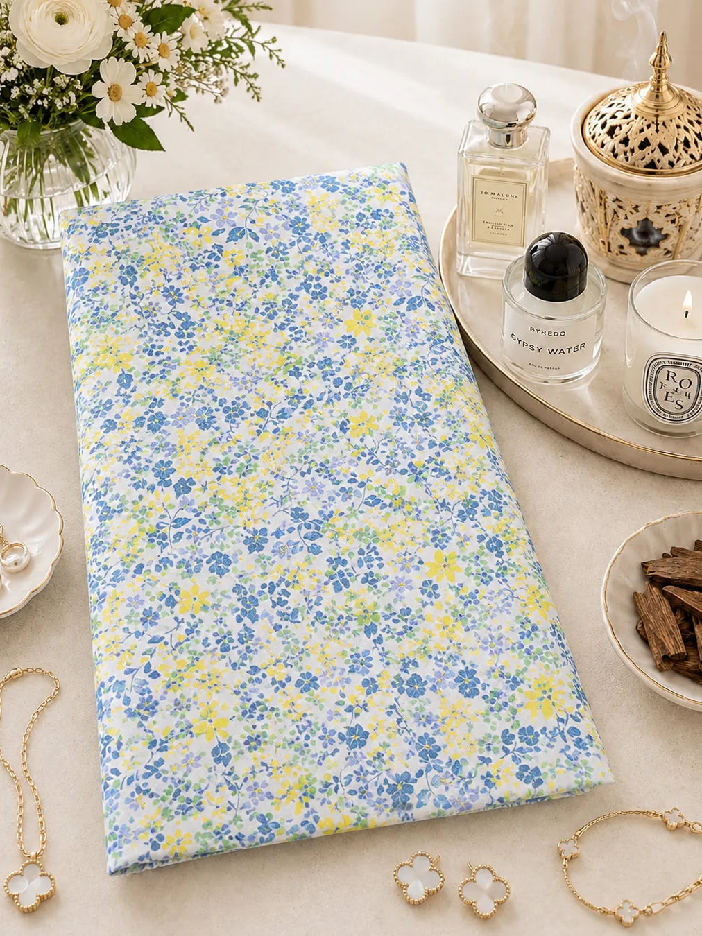 Blue Meadow & Golden Petals – Luxury Cotton Fabric