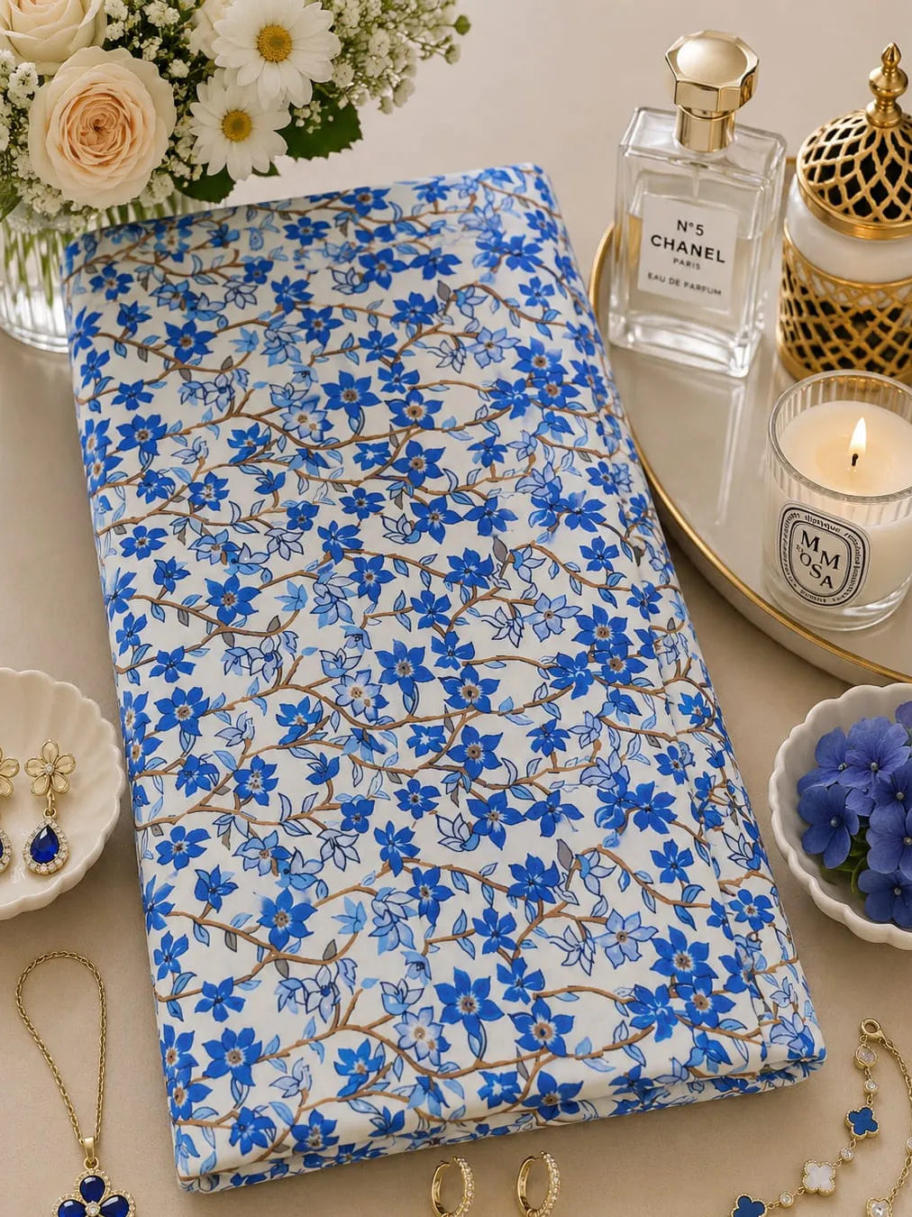 Thailand Printed Cotton Poplin Fabric – Elegant Blue Floral
