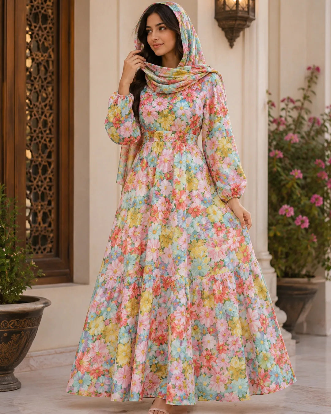 Premium Multicolor Floral Fabric – Trendy Arabic Style Fashion Textile