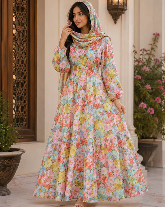 Premium Multicolor Floral Fabric – Trendy Arabic Style Fashion Textile