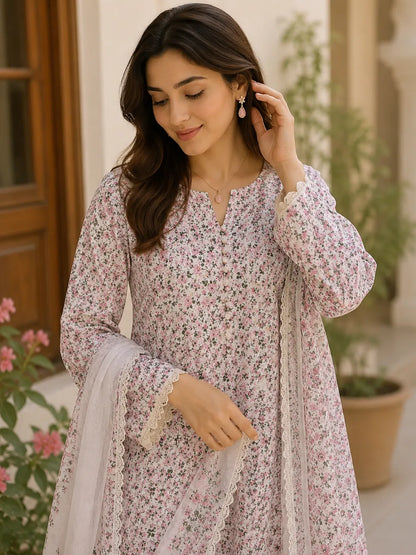 Elegant Pink Garden Floral Printed Cotton Poplin