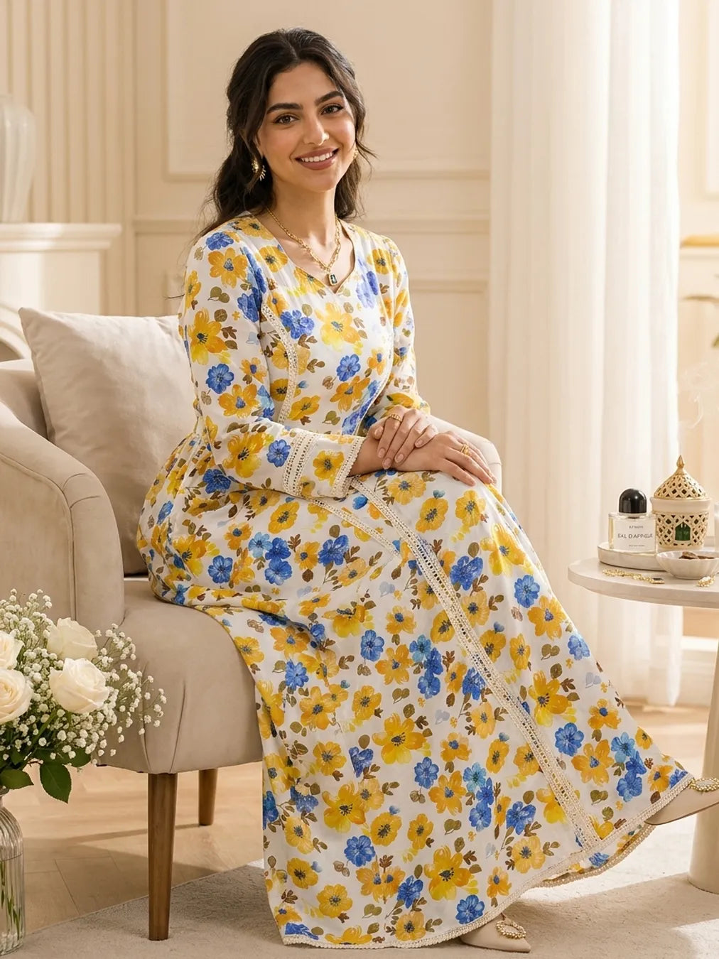 Elegant Yellow & Blue Floral Cotton Poplin – Soft, Breathable & Premium