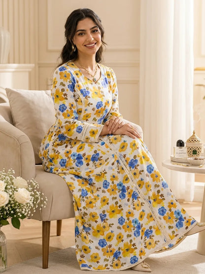 Elegant Yellow & Blue Floral Cotton Poplin – Soft, Breathable & Premium