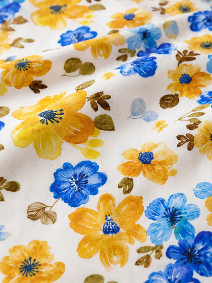 Elegant Yellow & Blue Floral Cotton Poplin – Soft, Breathable & Premium