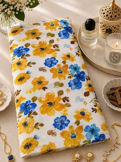 Elegant Yellow & Blue Floral Cotton Poplin – Soft, Breathable & Premium