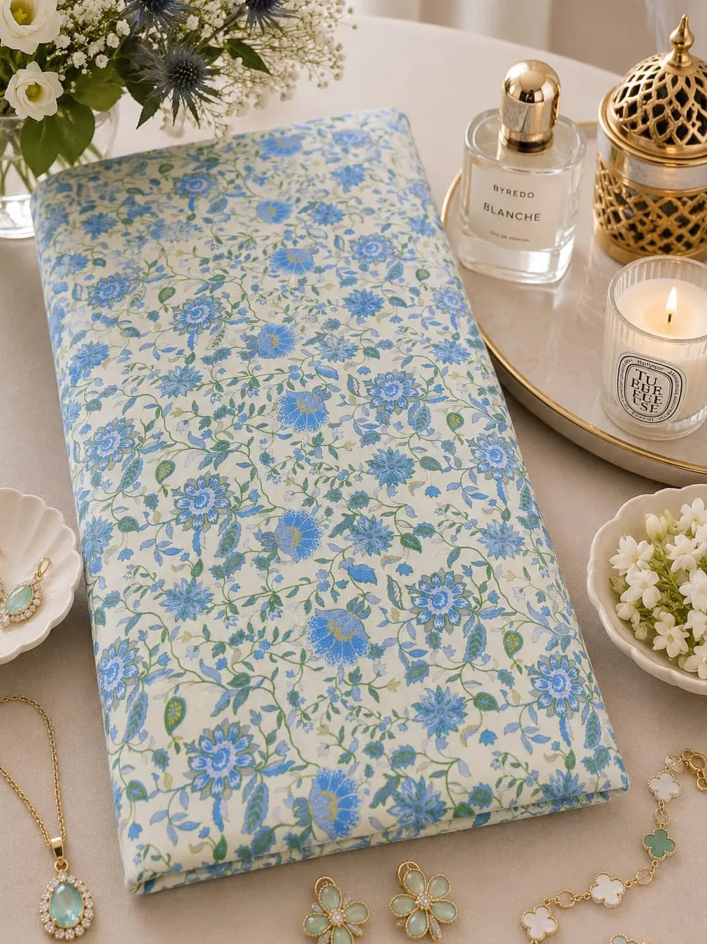 Timeless Blue Botanicals – Elegant Cotton Fabric
