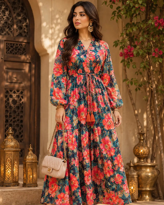 Luxury Red Floral Fabric – Premium Designer Fabric for Elegant Dresses
