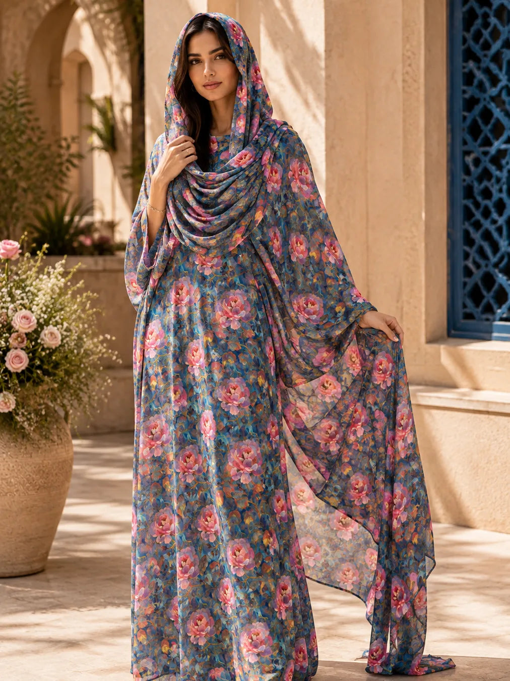 Al Hosn Swiss Cotton Ocean Hues & Blushing Blooms
