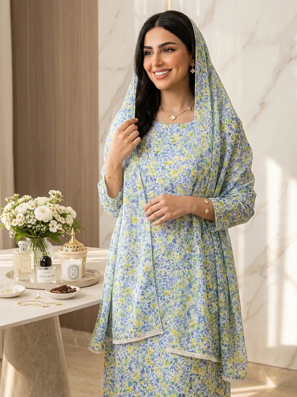 Blue Meadow & Golden Petals – Luxury Cotton Fabric