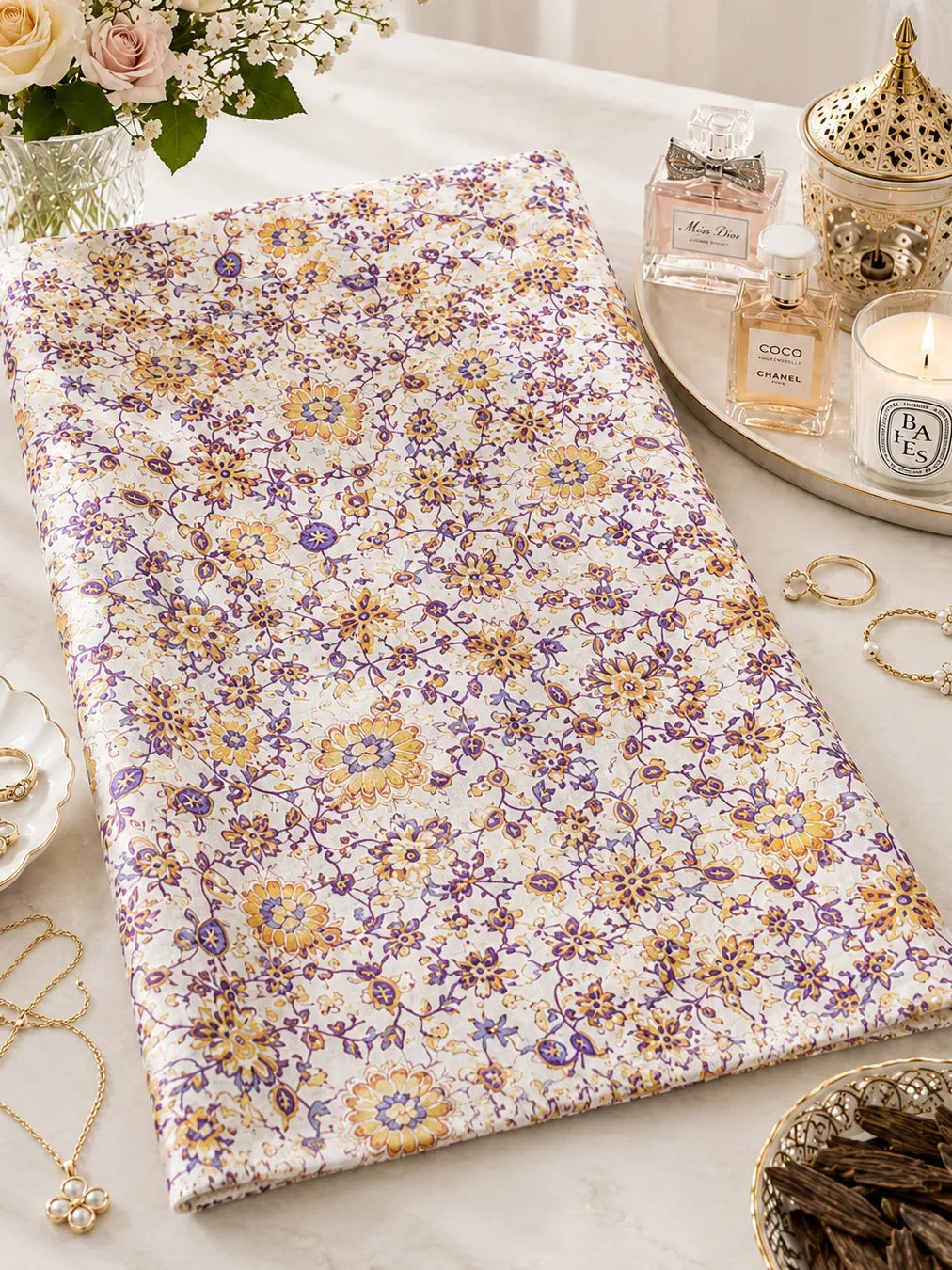 Lavender & Gold Bloom – Elegant Cotton Poplin Collection