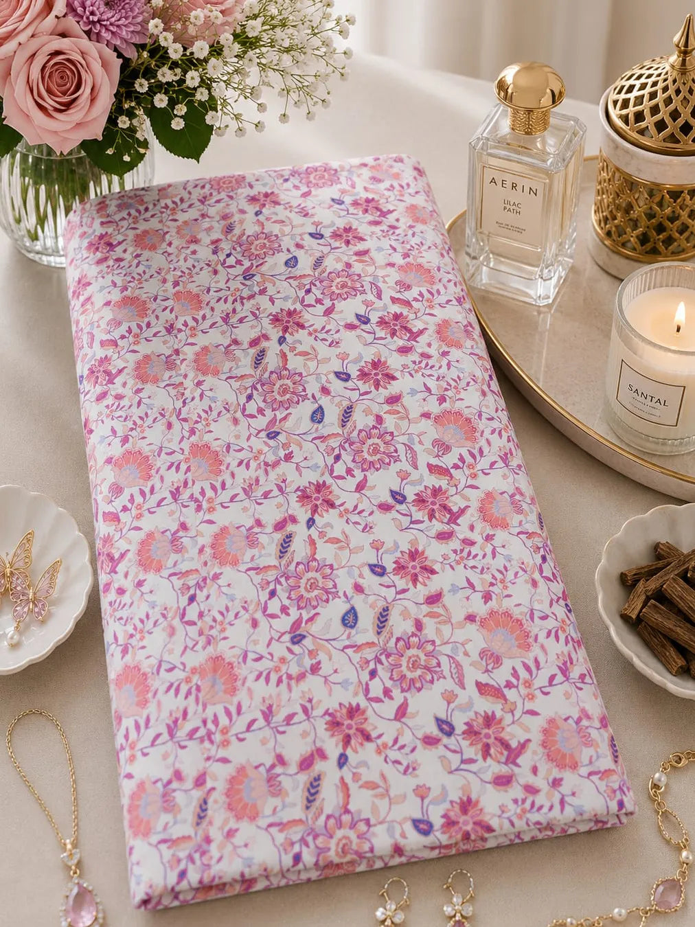 Thailand Printed Cotton Poplin Fabric – Elegant Pink Floral Print for Timeless Style