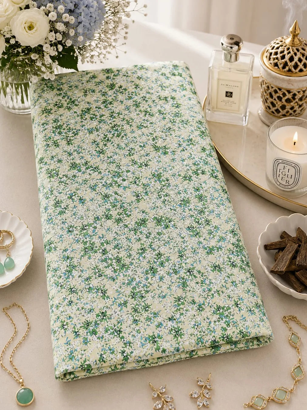 Thailand Printed Cotton Poplin Fabric – Fresh Green Floral Elegance in Premium Cotton
