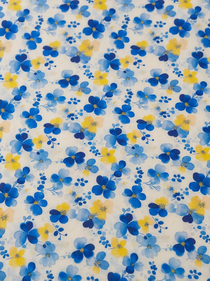Thailand Printed Cotton Poplin Fabric – Vibrant Blue & Yellow Floral Elegance