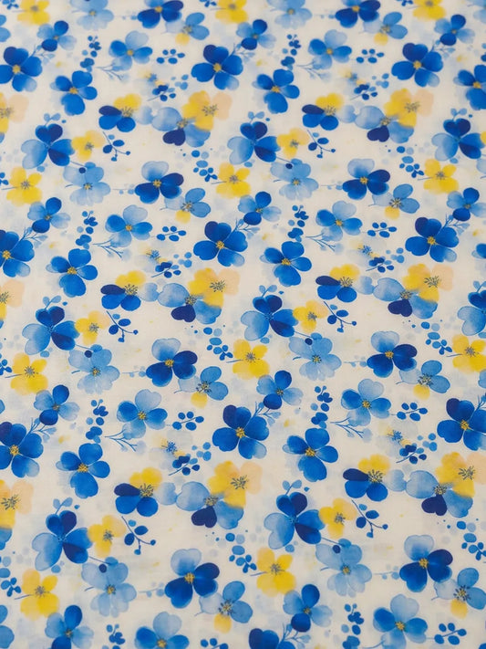 Thailand Printed Cotton Poplin Fabric – Vibrant Blue & Yellow Floral Elegance