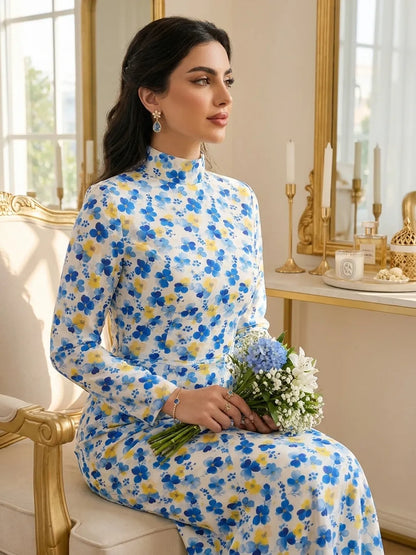Thailand Printed Cotton Poplin Fabric – Vibrant Blue & Yellow Floral Elegance