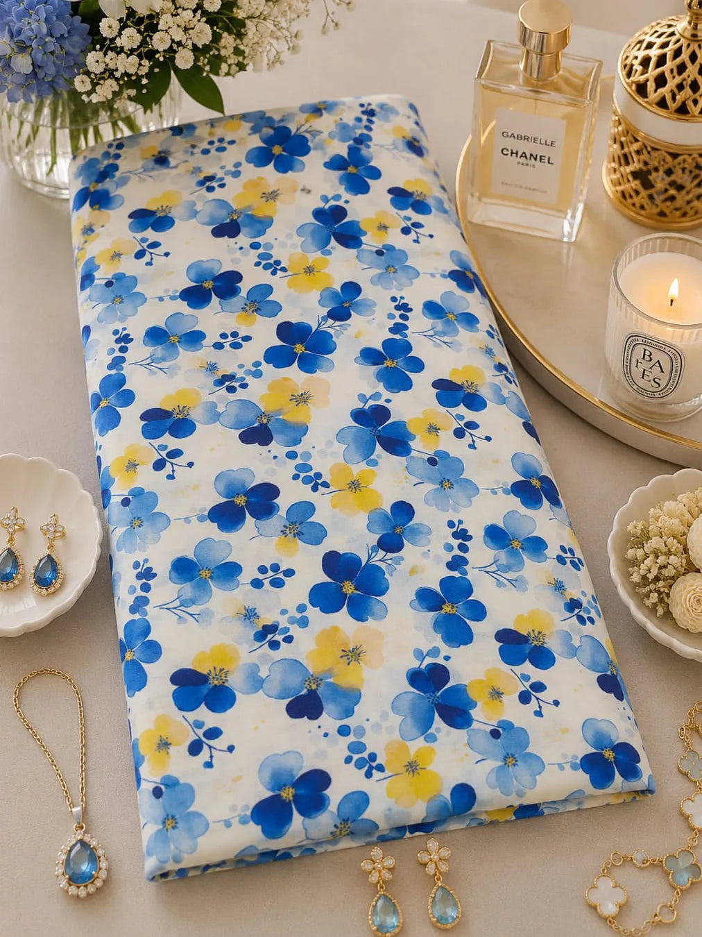 Thailand Printed Cotton Poplin Fabric – Vibrant Blue & Yellow Floral Elegance