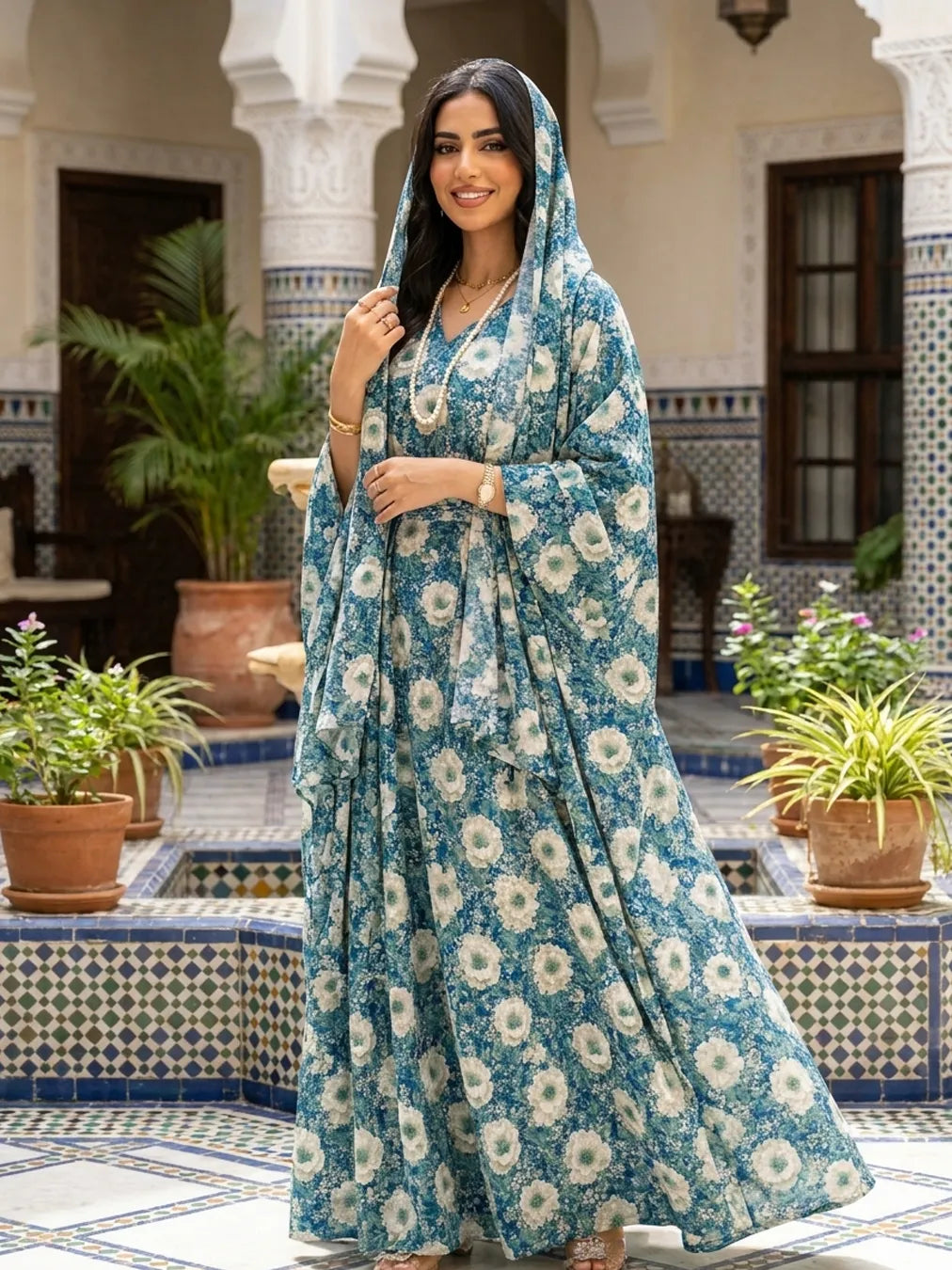 Al Hosn Swiss Cotton  Ocean Blue, Garden Grace