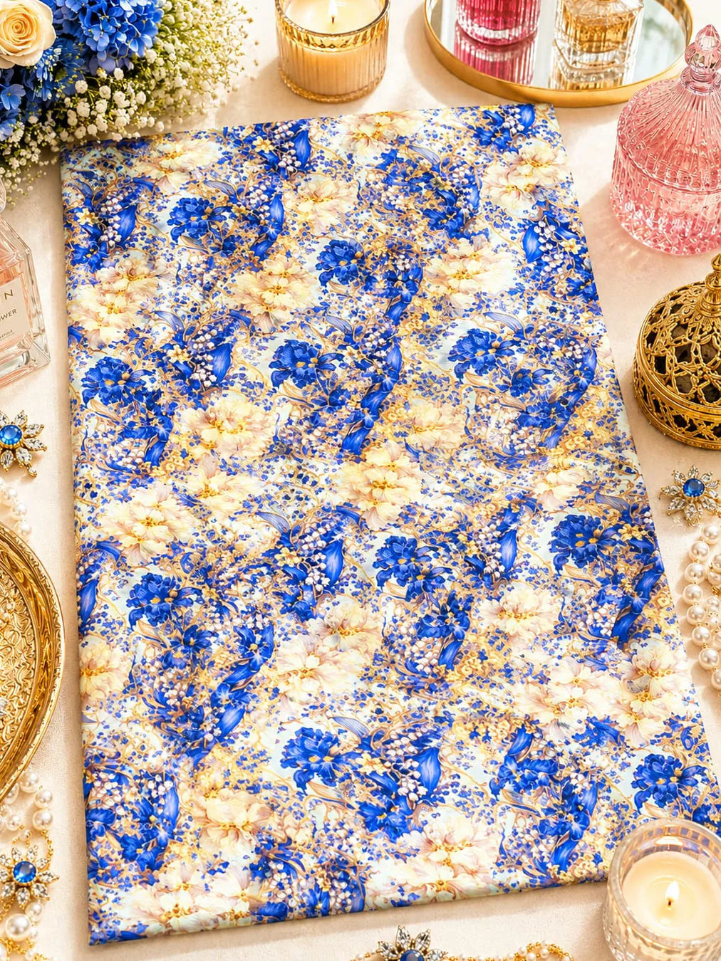 Al Hosn Swiss Cotton A Golden Garden on a Canvas of Blue